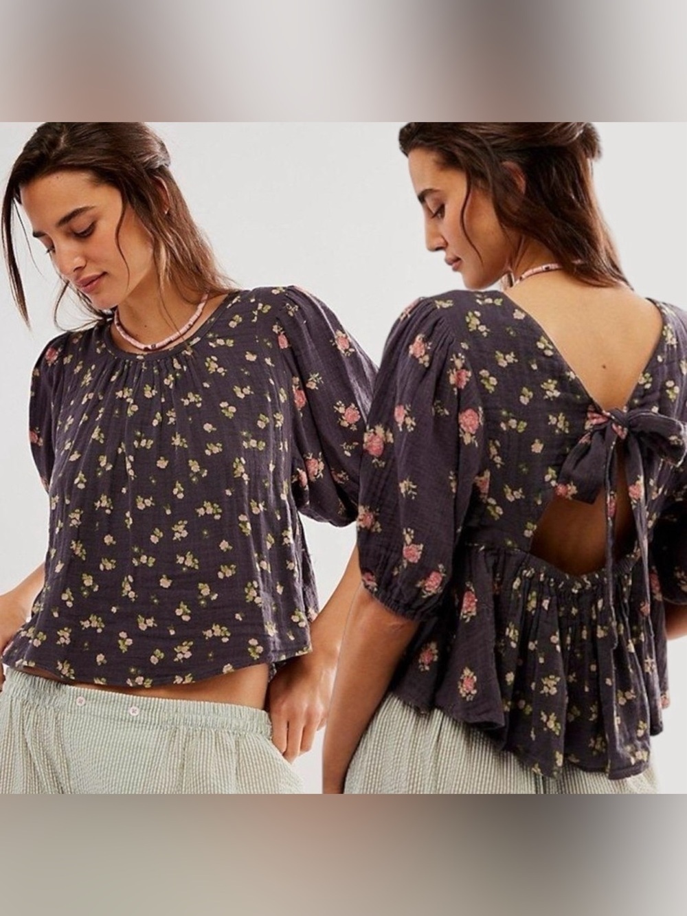 NWT Free People Chloe Mixed Print Back Cutout Top ~ Size Medium